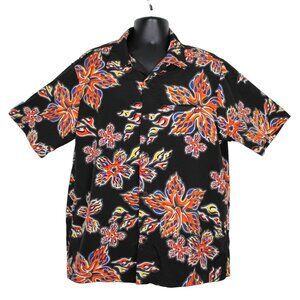 Rusty Surf Flamed Hibiscus Black Button Up Short Sleeve Shirt Mens XL All Over
